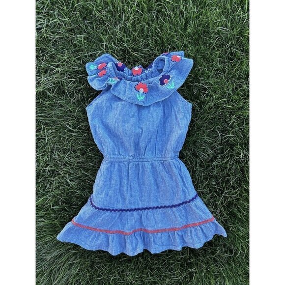 Girl’s Size 4-5 Years Mini Boden Denim with Embroidered flowers One Piece Romper - Picture 1 of 3